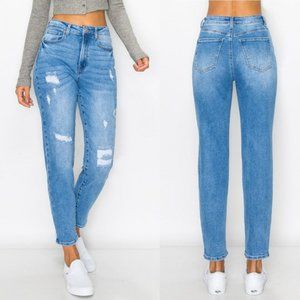 Wax Jean Collection Medium Wash Destructed Mom Stretch Distressed Denim Jean NEW
